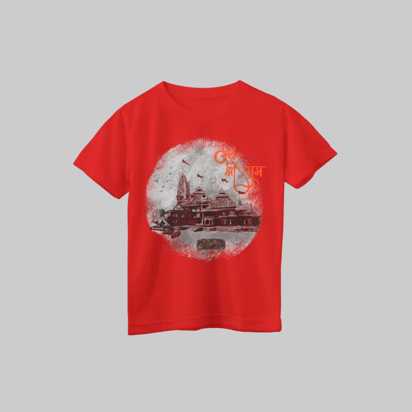 A red short-sleeve t-shirt with a circular graphic print on the front featuring a temple illustration and orange Devanagari text, displayed on a solid white background.