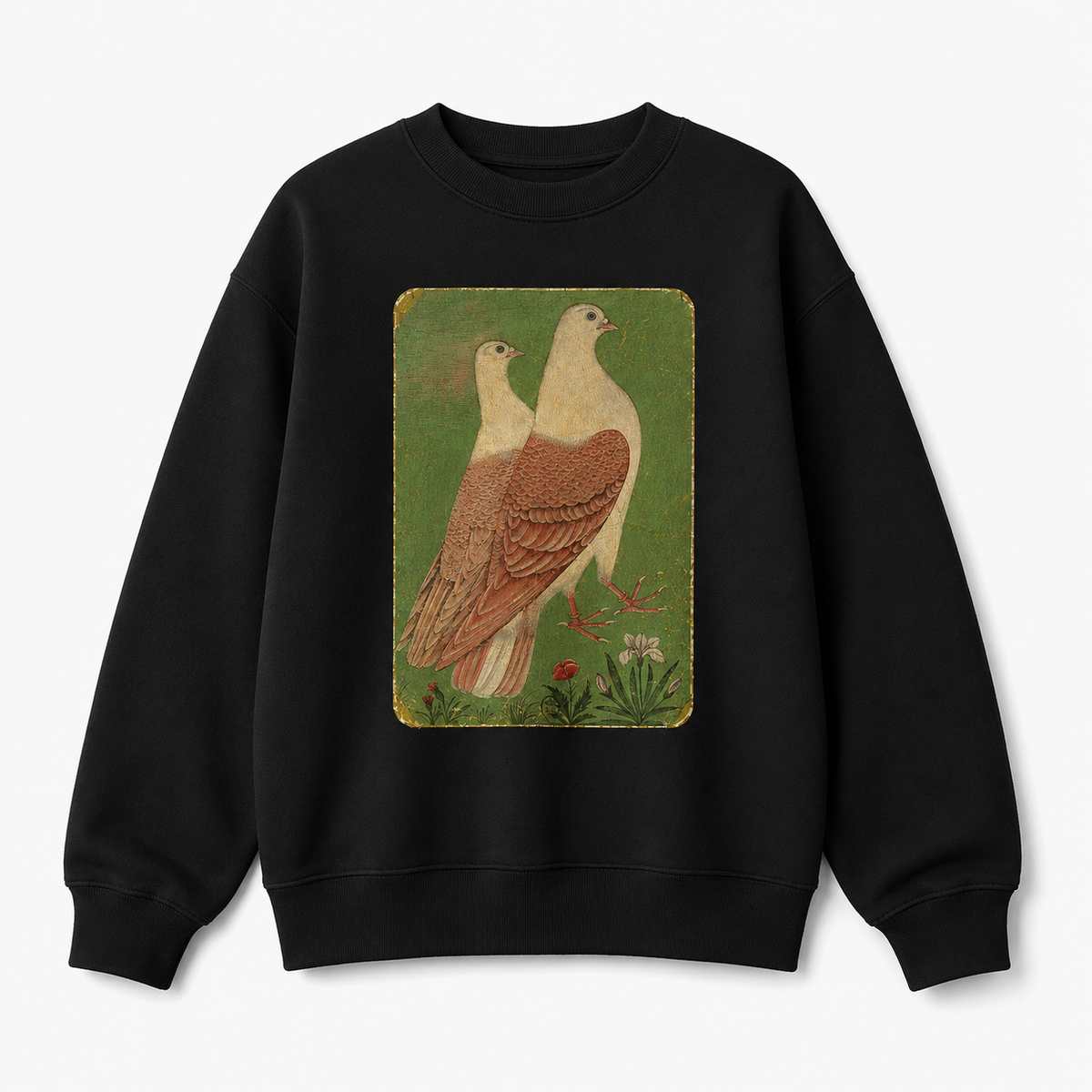 Close-up of vintage pigeon illustration on olive green sweatshirt