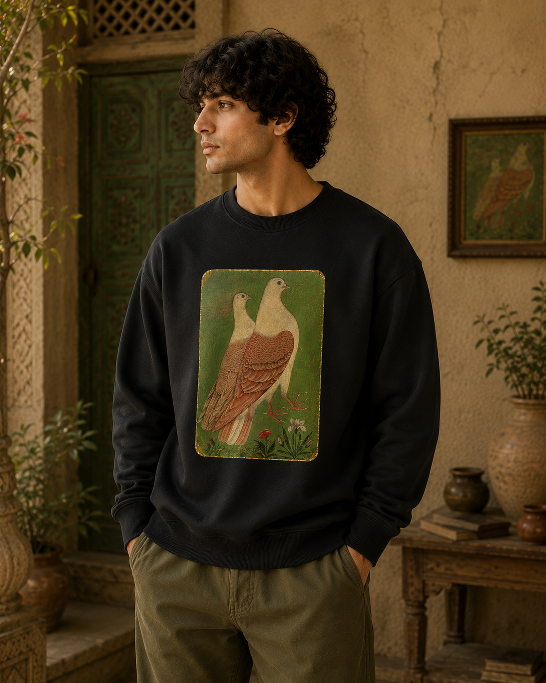 Olive green Pigeon Pair Sweatshirt with vintage bird illustration
